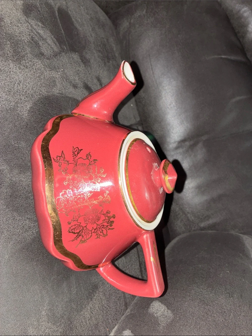 Coral Ceramic Teapot with Gold Accent and Floral Motif